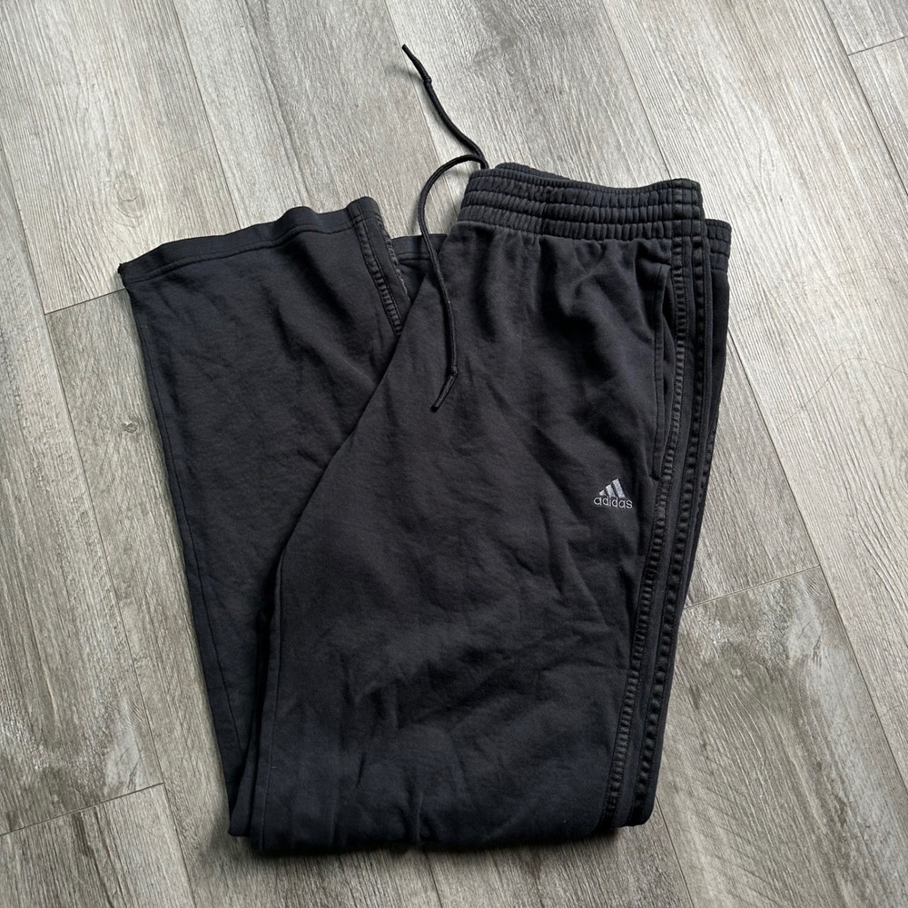 Adidas Sweatpants Size L Black Open Bottom Fleece Side Stripe Y2K baggy mens